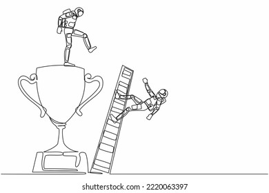 Single one line drawing of young astronaut kicking to make his rival falling down from the top ladder trophy of success in moon surface. Cosmic galaxy space. Continuous line design vector illustration svg