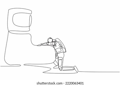 Single one line drawing young astronaut kneeling a giant foot or shoe. Spaceman apologize to boss. Future technology development. Cosmic galaxy space. Continuous line draw design vector illustration