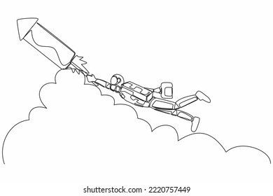 Single one line drawing young astronaut fly on fireworks rockets while looking at satellite or spaceship business opportunities. Cosmic galaxy space. Continuous line graphic design vector illustration