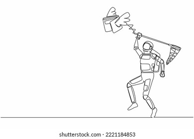 Single one line drawing young astronaut try to catching flying wallet with butterfly net. Losing money in failed spaceship company. Cosmic galaxy space. Continuous line draw design vector illustration