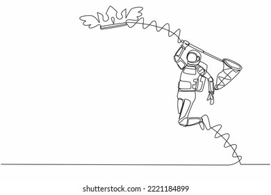 Single one line drawing young astronaut try to catching flying crown with butterfly net. Royal and luxury outer galaxy kingdom. Cosmic galaxy space. Continuous line graphic design vector illustration