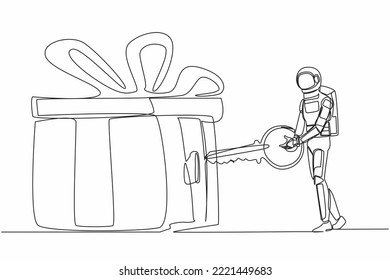 Single one line drawing of young astronaut put key into gift box with ribbon. Celebration for spaceship exploration achievement. Cosmic galaxy space. Continuous line graphic design vector illustration