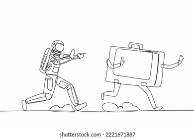 Single one line drawing young astronaut running chasing briefcase in moon surface. Huge bag for space exploration. Cosmic galaxy space concept. Continuous line draw graphic design vector illustration