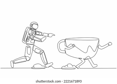 Single one line drawing young astronaut run chase coffee cup in moon surface. Enjoying cappuccino while relaxing in space. Cosmic galaxy space. Continuous line draw graphic design vector illustration