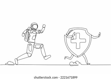 Single one line drawing young astronaut run chasing shield in moon surface. Security for spaceship industry protection. Cosmic galaxy space concept. Continuous line graphic design vector illustration