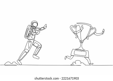 Single one line drawing young astronaut run chasing trophy in moon surface. Victory and award for galactic exploration. Cosmic galaxy space concept. Continuous line graphic design vector illustration svg