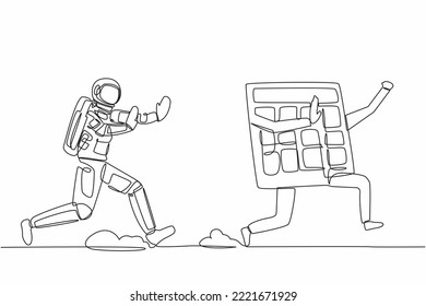 Single one line drawing young astronaut run chasing calculator in moon surface. Calculation of costs for space exploration. Cosmic galaxy space. Continuous line draw graphic design vector illustration