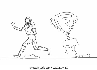 Single one line drawing young astronaut being chased by trophy. Confused with spaceship business goals for winning competition. Cosmic galaxy space. Continuous line graphic design vector illustration