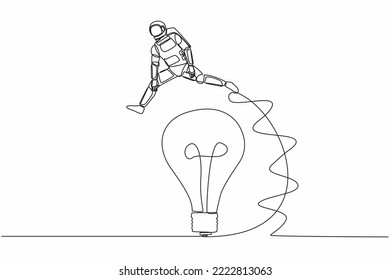 Single one line drawing young astronaut jumping over big light bulb. Innovation transformation technology in space company. Cosmic galaxy space. Continuous line draw graphic design vector illustration