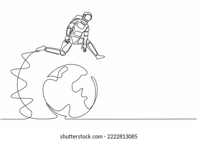 Single one line drawing young astronaut jumping over globe. International partnership, cooperation in spaceship project expedition. Cosmic galaxy space. Continuous line draw design vector illustration
