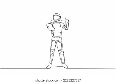 Dibujo de una sola línea de un joven astronauta sujetando el portapapeles y apuntando con el dedo índice hacia arriba en la superficie de la luna. Concepto de espacio de galaxia cósmica. Ilustración gráfica de diseño gráfico de líneas continuas modernas