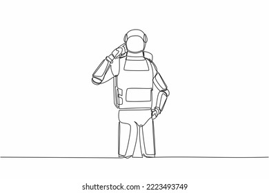 Single one line drawing young astronaut standing with pointing his head, thinking something. Feeling optimistic, visionary. Cosmic galaxy space. Continuous line draw graphic design vector illustration