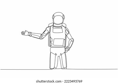 Single one line drawing of young astronaut standing with showing something or presenting project in moon surface. Cosmic galaxy space concept. Modern continuous line graphic design vector illustration svg