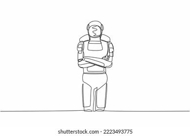 Una sola línea dibujando a un joven astronauta parado con brazos doblados posan. Desarrollo futuro de la tecnología espacial. Concepto de espacio de galaxia cósmica. Ilustración gráfica de diseño gráfico de líneas continuas modernas