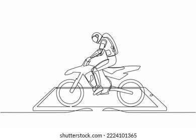 Single one line drawing of young astronaut motocross rider ride motocross bike on smartphone screen. Freestyle motocross extreme sport. Cosmic galaxy space. Continuous line design vector illustration