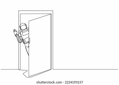 Single one line drawing young astronaut looking from behind open door in moon surface. Spaceman peeking of door and wave hands. Cosmic galaxy space. Continuous line graphic design vector illustration svg