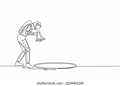 Single one line drawing of young astronaut scream into pit hole with megaphone. Spaceman wondering and looking at big hole. Cosmic galaxy space. Continuous line draw graphic design vector illustration