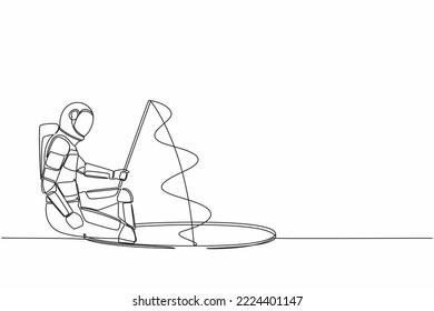 Single one line drawing young astronaut holding fishing rod from hole. Space business investment. Make money from idea. Cosmic galaxy space concept. Continuous line graphic design vector illustration svg