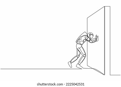 Dibujo de una sola línea de un joven astronauta empujando la pared en la superficie de la luna. Desafío y problema en la expedición de naves espaciales. Concepto de espacio de galaxia cósmica. Ilustración vectorial de diseño gráfico de línea continua