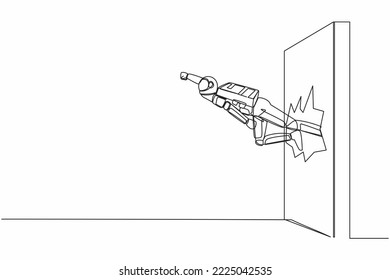 Single one line drawing young astronaut punch and break the wall. Flying spaceman breaks the wall in moon surface. Cosmic galaxy space concept. Continuous line draw graphic design vector illustration