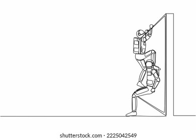 Una sola línea dibujando a un joven astronauta ayudando a otro hombre espacial a trepar la pared en la superficie de la luna. Trabajo en equipo en la expedición espacial. Espacio de galaxia cósmica. Ilustración continua de diseño gráfico de línea