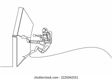 Single one line drawing young astronaut doing kungfu or karate flying kick to destroy brick wall. Success in space exploration. Cosmic galaxy space. Continuous line graphic design vector illustration