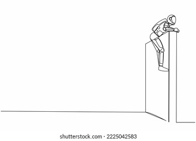 Single one line drawing young astronaut overcame wall obstacles that blocked him and conquered adversity in space exploration. Cosmic galaxy space. Continuous line graphic design vector illustration