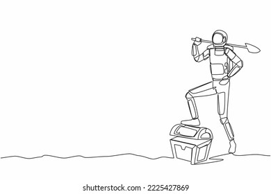 Single one line drawing young astronaut digging ground with shovel and step on treasure chest. Success achievement in interstellar discovery. Cosmic galaxy space. Continuous line graphic design vector svg