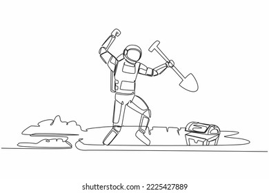 Single one line drawing young astronaut standing and holding shovel on dug ground. Happy spaceman find treasure chest in dirt. Cosmic galaxy space. Continuous line graphic design vector illustration