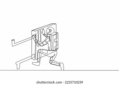 Single one line drawing young astronaut repair and installation batteries heater radiator. Ability to repair operating system. Cosmic galaxy space. Continuous line graphic design vector illustration