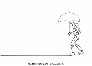 Single one line drawing young astronaut walking with umbrella under rain cloud. Failed in spacecraft exploration project. Cosmic galaxy space. Continuous line draw graphic design vector illustration