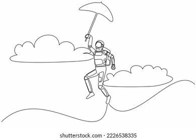 Single one line drawing young astronaut with umbrella through cloud. Reaches goal, target, find solution in moon spacewalk. Cosmic galaxy space. Continuous line draw graphic design vector illustration svg