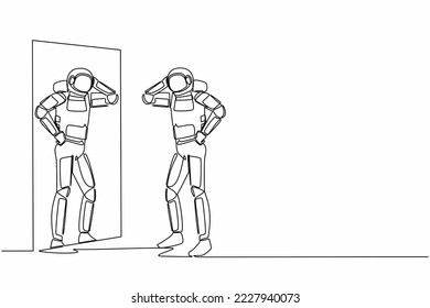 Single one line drawing young astronaut standing with style in front of mirror. Spaceman ready to start galactic journey. Cosmic galaxy space. Continuous line draw graphic design vector illustration svg