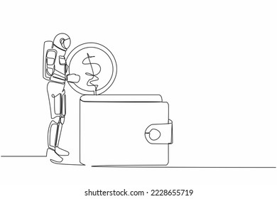 Single one line drawing of young astronaut putting dollar coin into big wallet. Saving money for space galactic expedition. Cosmic galaxy space. Continuous line draw graphic design vector illustration