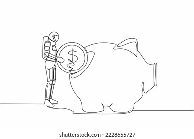 Single one line drawing young astronaut put dollar coin into piggy bank. Investing plan for space interstellar exploration. Cosmic galaxy space. Continuous line draw graphic design vector illustration