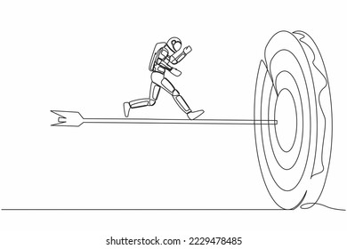 Single one line drawing of young astronaut run to center of bullseye on big dart. Reach successful spaceship expedition target. Cosmic galaxy space. Continuous line graphic design vector illustration