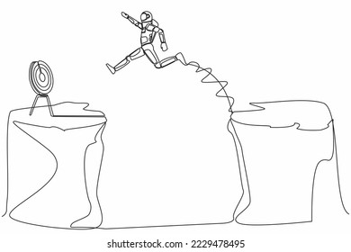 Single one line drawing young astronaut jumping over cliff to reach target. Success move while taking risk in cosmic expedition. Cosmic galaxy space. Continuous line graphic design vector illustration