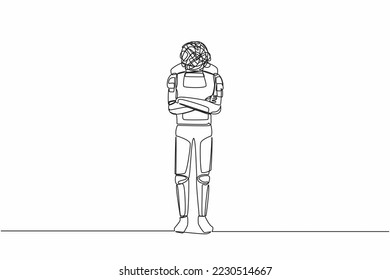 Single one line drawing young astronaut with round scribble instead of head, standing with folded arm pose in moon surface. Cosmic galaxy space. Continuous line draw graphic design vector illustration