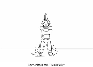 Single one line drawing young astronaut kneeling and pray in moon surface. Hoping successful in launching spaceship rocket. Cosmic galaxy space. Continuous line draw graphic design vector illustration