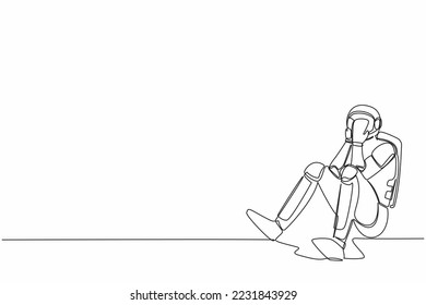 Single one line drawing young astronaut cover his face by hands and sitting on the floor. Sad due to spaceship company bankruptcy. Cosmic galaxy space. Continuous line draw design vector illustration