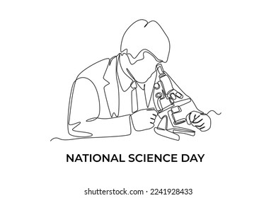Single one line drawing young male scientist looking through microscope in laboratory doing research  Science day concept  Continuous line draw design graphic vector illustration 
