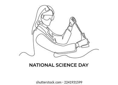 Single one line drawing young female scientist conducting experiment with test tubes. Science day concept. Continuous line draw design graphic vector illustration.