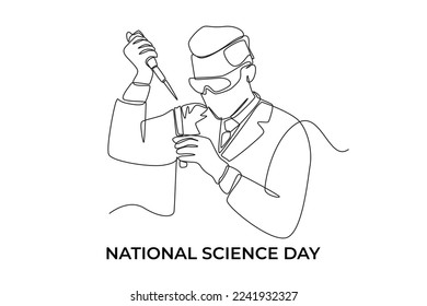 Single one line drawing young male scientist conducting experiment with test tubes. Science day concept. Continuous line draw design graphic vector illustration.