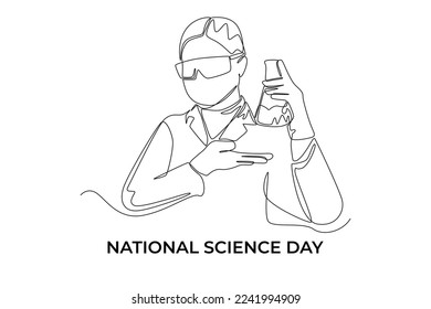 Single one line drawing young male scientist showing lab result in a laboratory. Science day concept. Continuous line draw design graphic vector illustration.