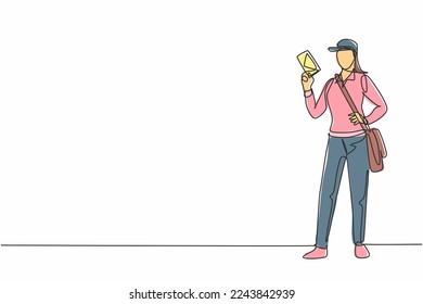 Single one line drawing of young beautiful post woman posing with hands on hip. Professional work profession and occupation minimal concept. Continuous line draw design graphic vector illustration