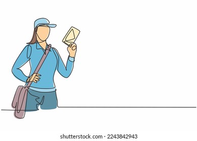 Single one line drawing young mail woman hold letter and posing with hands on hip. Professional work profession and occupation minimal concept. Continuous line draw design graphic vector illustration