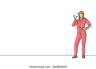 Dibujo de una sola línea de una joven mecánica femenina de belleza posando con las manos en la cadera. La profesión de trabajo profesional y el concepto mínimo de ocupación. Ilustración gráfica de diseño de trazos de línea continua