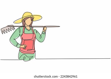Single one line drawing young female farmer holding fork posing with hands on hip. Professional work profession and occupation minimal concept. Continuous line draw design graphic vector illustration
