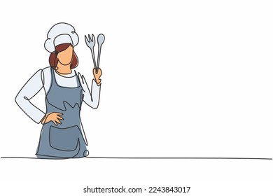 Single one line drawing of young beauty female chef posing with hands on hip. Professional work profession and occupation minimal concept. Continuous line draw design graphic vector illustration