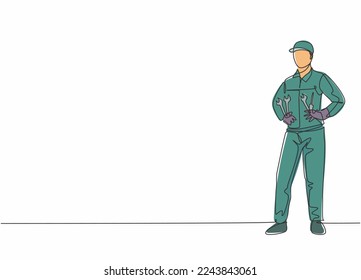 Single one line drawing of young male mechanic pose standing on workshop garage. Professional work profession and occupation minimal concept. Continuous line draw design graphic vector illustration